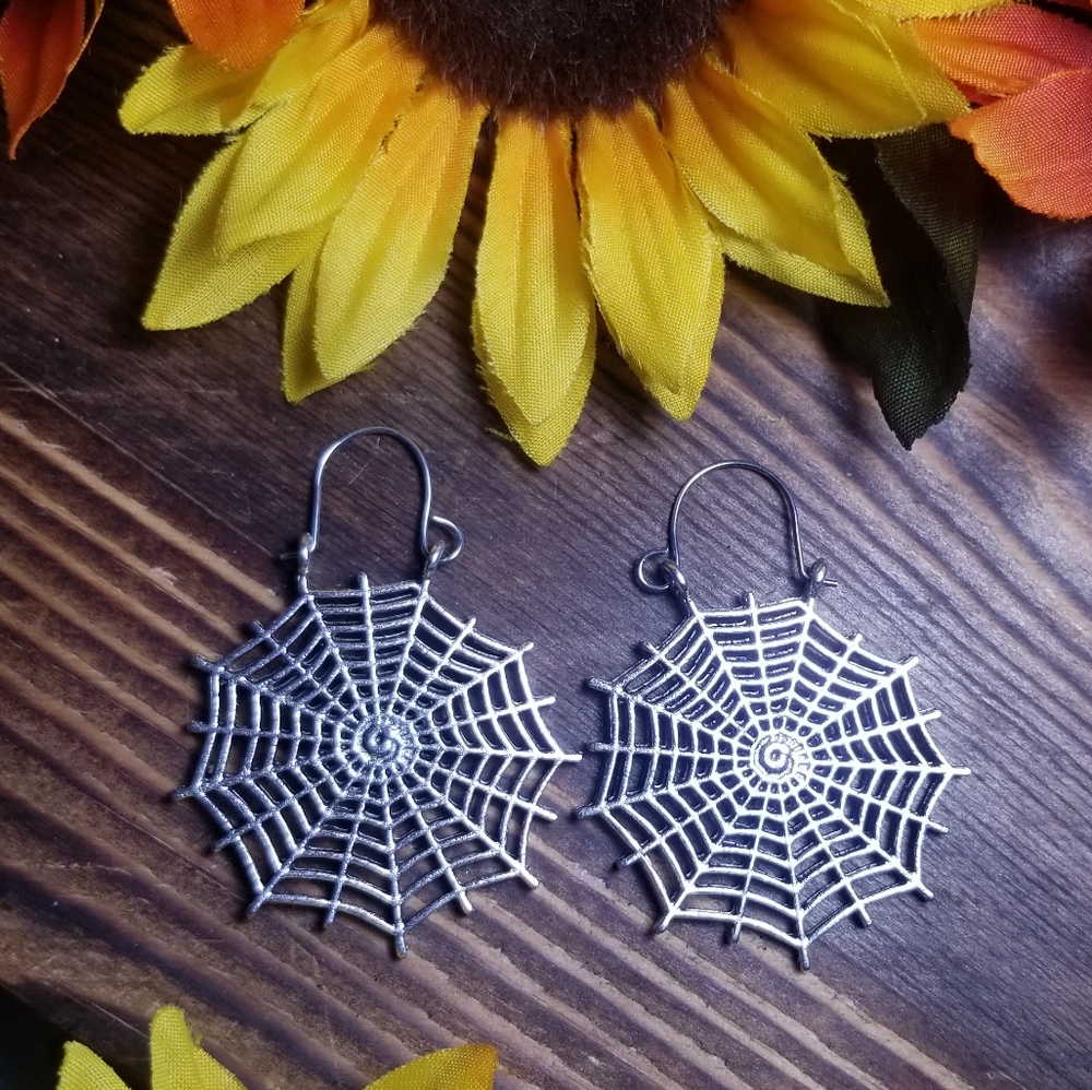 Silver Spiderweb Dangle Drop Earrings